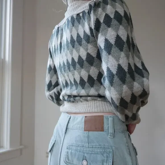 Vintage argyle knit sweater turtleneck puff sleeve womens Small - Picture 6 of 7